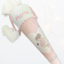 Lade das Bild in den Galerie-Viewer, SCHULTÜTE "kleine Elfe" personalisiert m. Namen bestickt aus Stoff weiß/rosa - 70 cm mit Papprohling