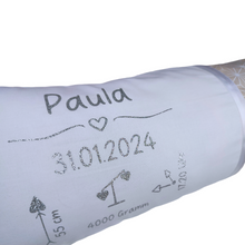 Lade das Bild in den Galerie-Viewer, GEBURTSKISSEN mit Echtmaßen und Gewicht „Grafik“ & Glitzerschrift – Farbwahl