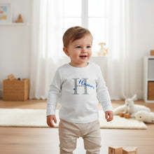Lade das Bild in den Galerie-Viewer, LANGARMSHIRT "Buchstabe mit Name" personalisert weiß / silber / blau