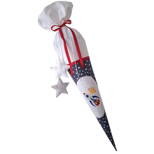 Lade das Bild in den Galerie-Viewer, SCHULTÜTE &quot;Rakete&quot; personalisiert m. Namen blau/weiß Stoff - 70 cm mit Rohling
