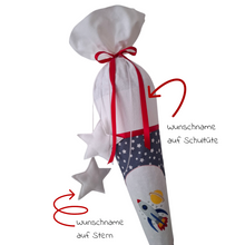Lade das Bild in den Galerie-Viewer, SCHULTÜTE &quot;Rakete&quot; personalisiert m. Namen blau/weiß Stoff - 70 cm mit Rohling
