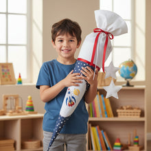 Lade das Bild in den Galerie-Viewer, SCHULTÜTE "Rakete" personalisiert m. Namen blau/weiß Stoff - 70 cm mit Rohling
