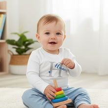 Lade das Bild in den Galerie-Viewer, BABY LANGARMSHIRT "Buchstabe mit Name" personalisiert weiß / silber / blau
